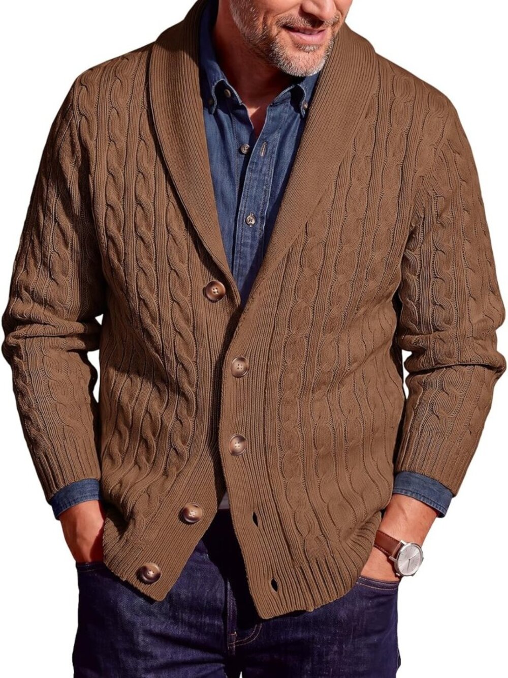 Cozy Cable Knit Cardigan Sweater for Men | Shawl Collar Casual Style